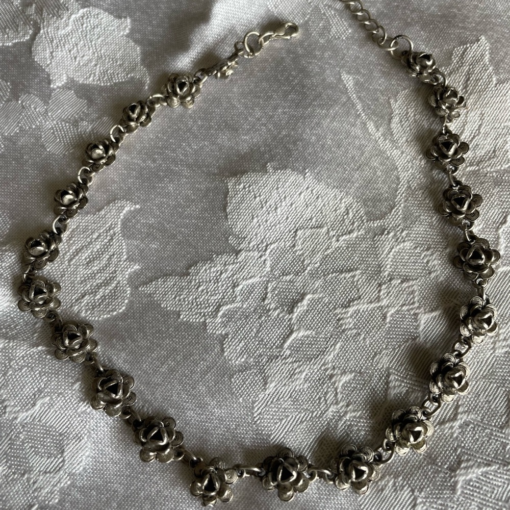 Silver flower choker necklace and black lace necklace